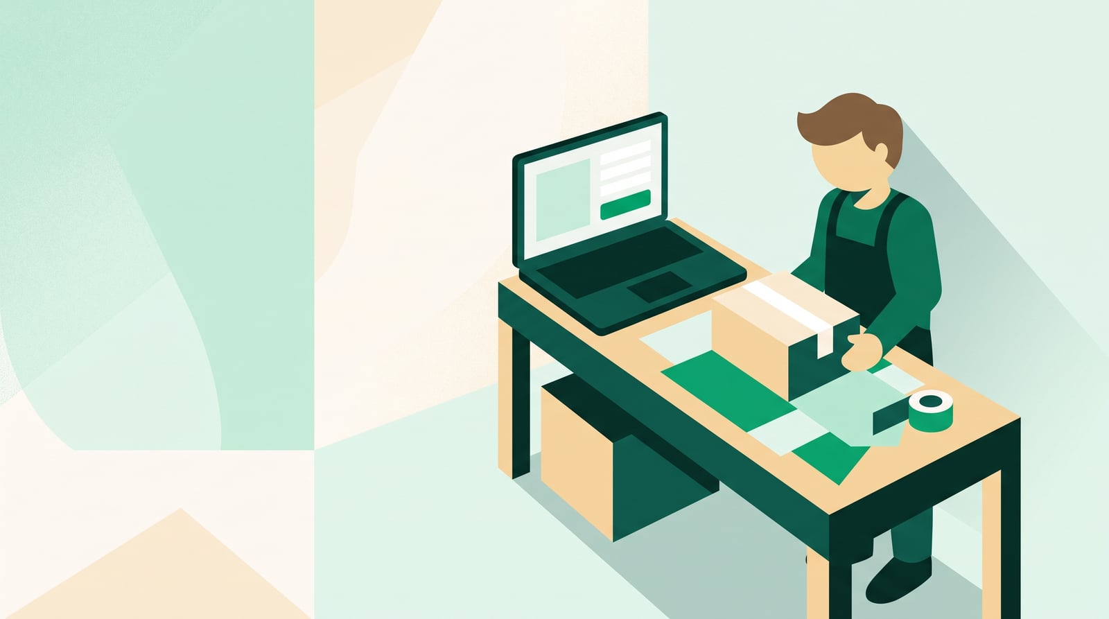Illustratie van een ondernemer die een pakketje inpakt terwijl op de laptop een betaalpagina openstaat