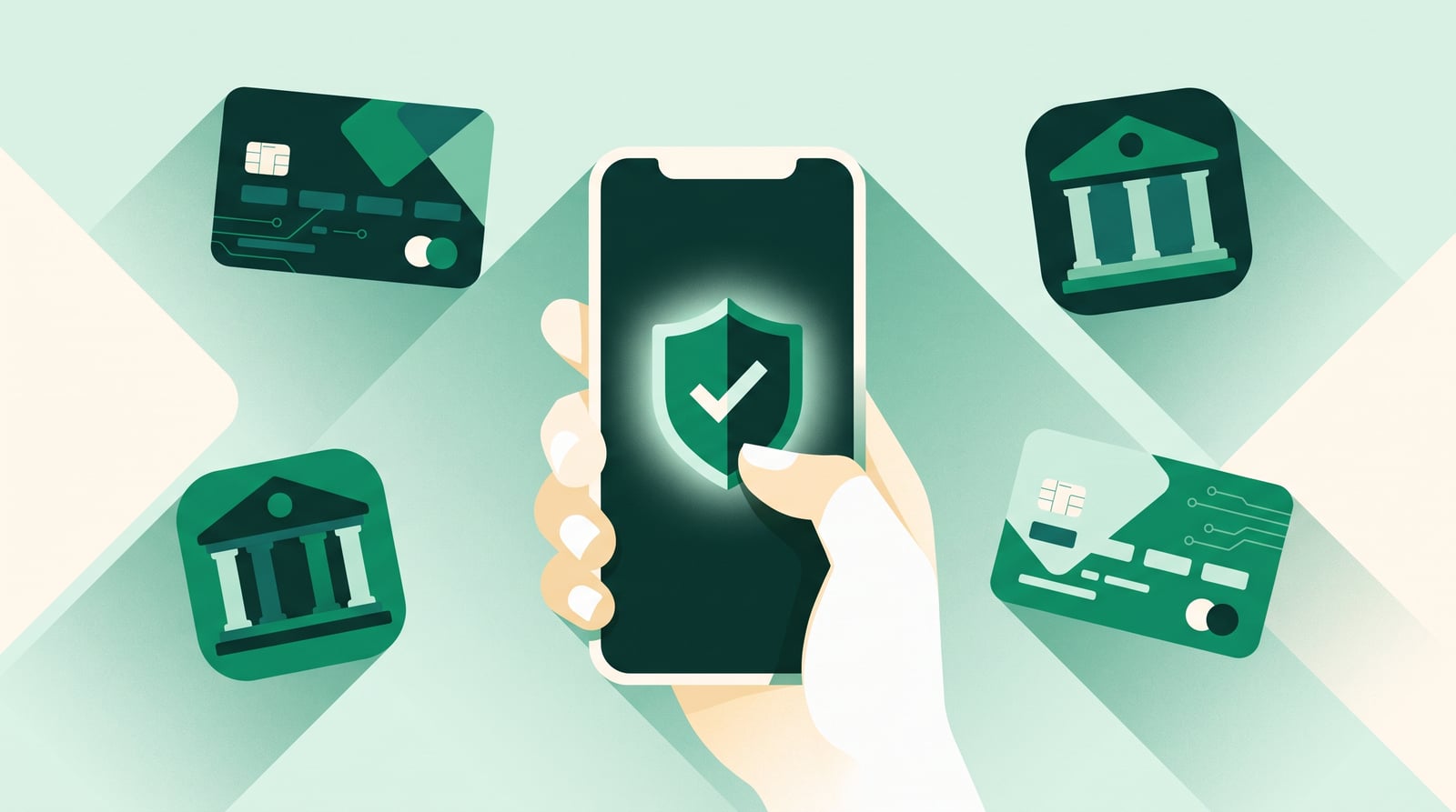 Illustratie van een telefoon met een goedgekeurde betaling, met betaalkaarten en een bankgebouw eromheen