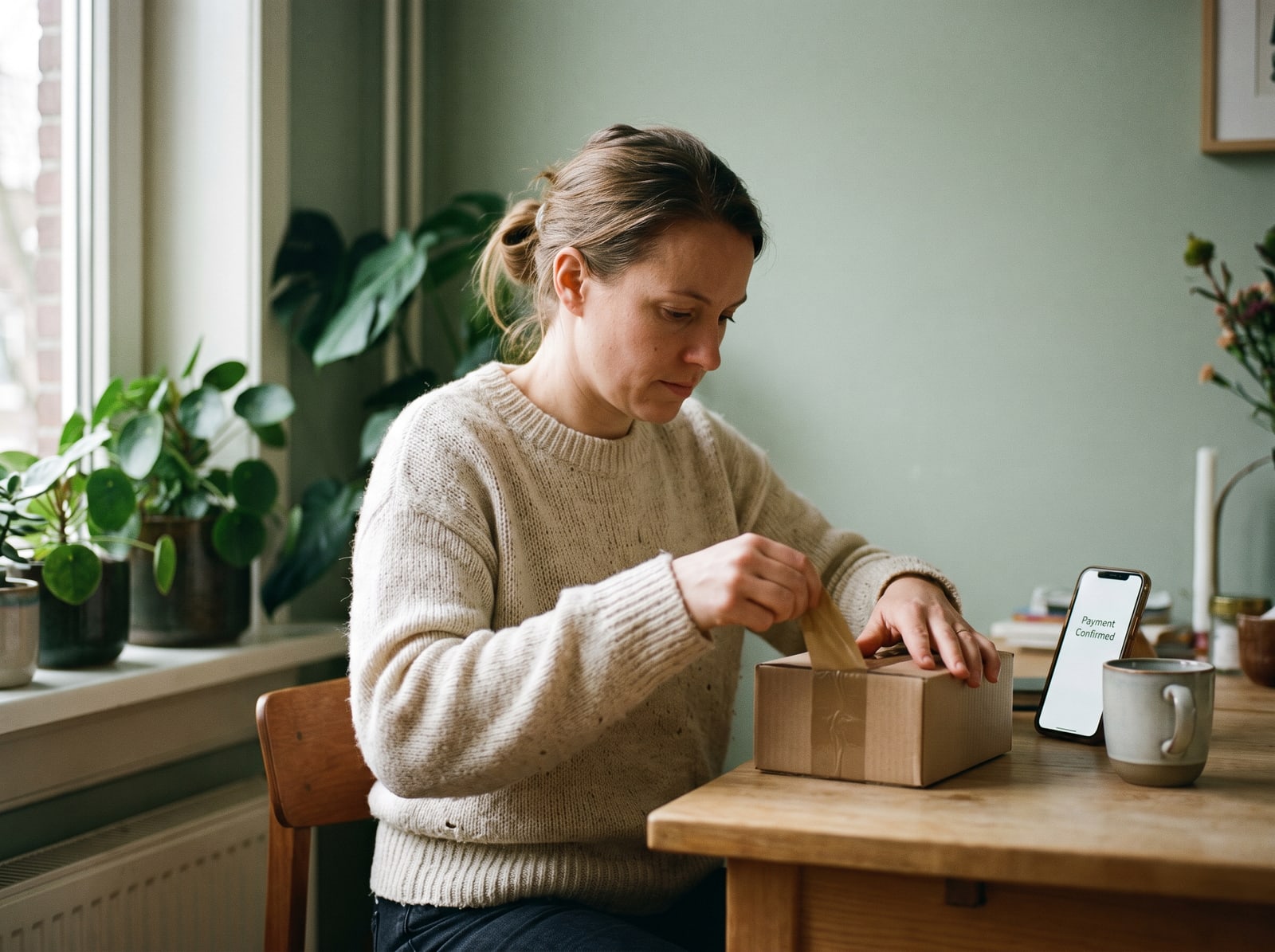 Iemand plakt aan een houten tafel een pakketje dicht, met een telefoon ernaast